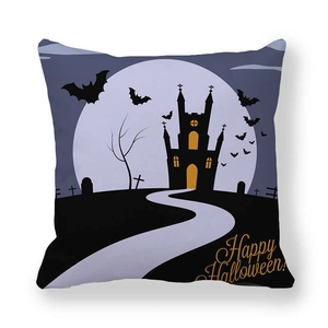 Thick peach skin Halloween cushion cover featuring purple castle and bats scene