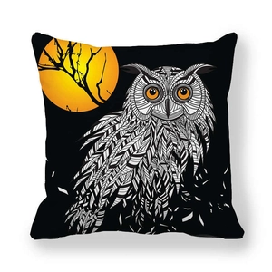 Halloween owl throw pillow cover with orange moon design on black peach skin fabric