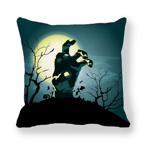 Halloween throw pillow cover featuring a zombie hand rising under a full moon night