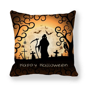 Halloween peach skin throw pillow cover featuring reaper, bats, and moon on orange background