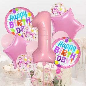 Set de ballons rose 1er anniversaire avec ballon chiffre 1 et confettis de décoration