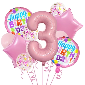 Kit ballon chiffre 3 rose 32 pouces avec ballons étoile et confettis pour 3ème anniversaire