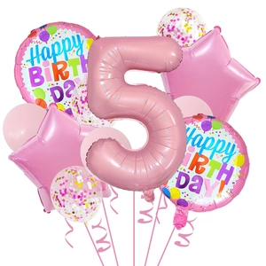 Set de ballons rose 5 ans avec chiffre 5 en alu, étoiles et ballons à confettis