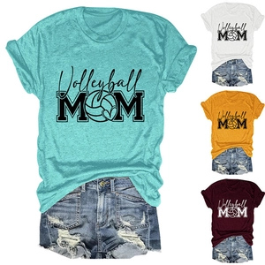 Detail of Volleyball Mom T-shirts in blue, white, yellow, and burgundy cotton fabric