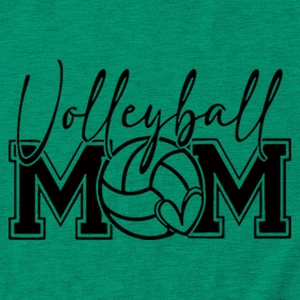 Close-up of green Volleyball MOM t-shirt featuring heart and volleyball graphic