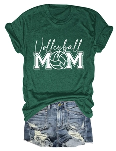 Detail of Volleyball MOM lettering on heather dark green cotton crewneck t-shirt