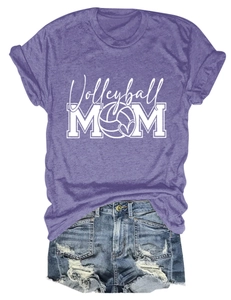 Flat lay of purple Volleyball MOM t-shirt with distressed blue denim shorts set
