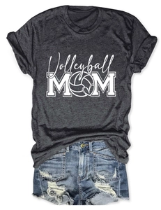 Detail of Volleyball MOM print on gray t-shirt paired with distressed denim shorts