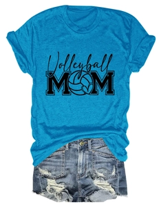 Detail of bright blue Volleyball MOM t-shirt with distressed denim shorts set