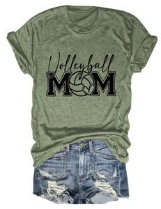 Detail of olive green Volleyball MOM T-shirt featuring rolled sleeves and denim shorts