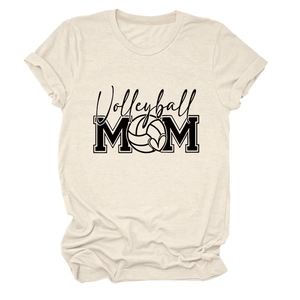 Close-up of Volleyball MOM print with heart detail on a beige cotton crew neck t-shirt