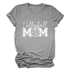 Close-up of heather gray volleyball mom t-shirt showing fabric texture and rolled sleeves