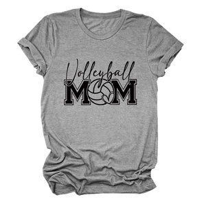 Flat lay of gray cotton t-shirt featuring Volleyball Mom graphic with rolled sleeve detail