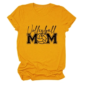 Detail of Volleyball Mom print and folded sleeve on yellow crew neck cotton t-shirt