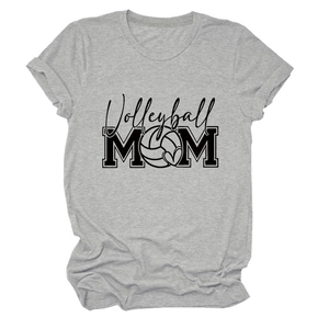 Close-up of the Volleyball MOM graphic print on a gray cotton casual short sleeve T-shirt