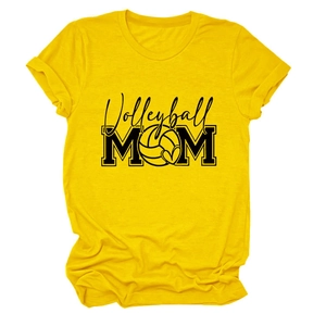 Detail of Volleyball MOM print with heart volleyball icon on yellow short sleeve t-shirt