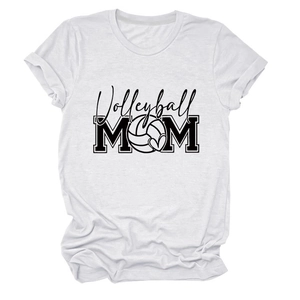 Close-up of Volleyball MOM graphic on white cotton crew neck t-shirt with rolled sleeves