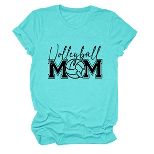 Close-up of Turquoise Volleyball Mom t-shirt featuring heart and volleyball graphic print