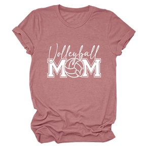 Close-up of Volleyball MOM print on a dusty rose crew neck short sleeve t-shirt