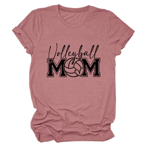 Detail view of the soft fabric texture and Volleyball MOM print on this pink t-shirt