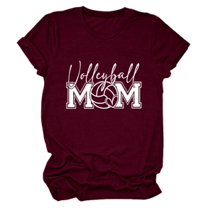 Close-up of Volleyball MOM graphic and rolled cuffs on a burgundy cotton T-shirt