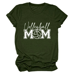 Detail of Volleyball Mom print on army green crew neck t-shirt with soft cotton texture