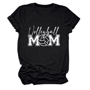 Close-up of Volleyball MOM screen print on soft black cotton short sleeve t-shirt