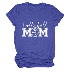 Detail of blue-purple Volleyball Mom t-shirt featuring a heart volleyball graphic design
