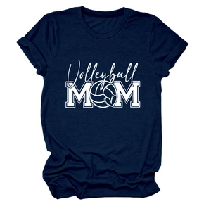 Detail view of Volleyball MOM print on navy crew neck t-shirt with heart and ball design