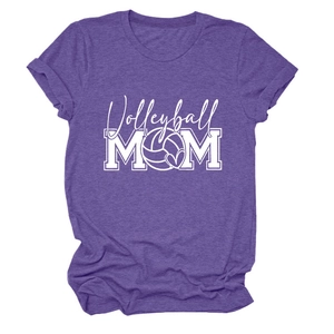 Detailed flat lay of purple heather Volleyball MOM t-shirt with screen print texture