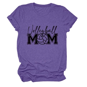 Detail of purple Volleyball Mom t-shirt showing rolled sleeves and soft cotton texture