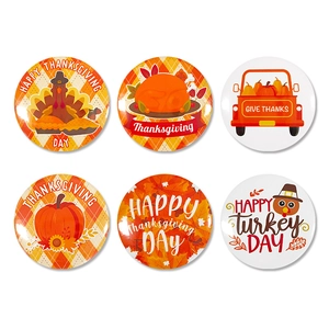 Detailed set of six Thanksgiving badges featuring turkey, pumpkin, and autumn leaf motifs