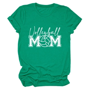 Detail of Volleyball MOM lettering and heart graphic on neon green crew neck cotton t-shirt