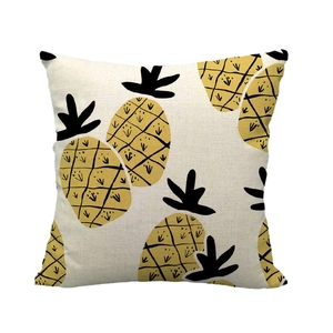 Housse de coussin carrée en lin avec motif ananas jaune et feuilles noires dessiné à la main