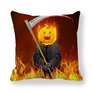 Macro detail of Halloween pumpkin reaper design on thick peach skin fabric pillowcase