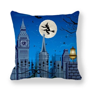 Detail view of Halloween pillowcase featuring witch silhouette and urban landmarks