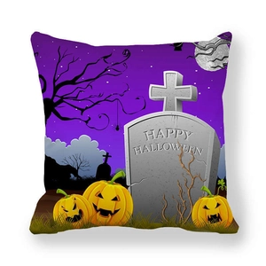 Detail of Halloween pillowcase featuring pumpkin carvings and cemetery print on peach skin fabric