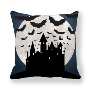 Halloween decorative pillow case with moon castle and bats on peach skin fabric