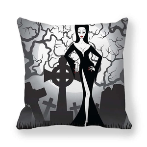 Gothic girl in graveyard illustration on square peach skin pillowcase for Halloween