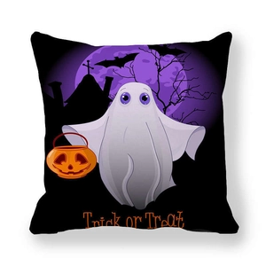 Halloween Trick or Treat throw pillow cover featuring cartoon ghosts and pumpkin on black