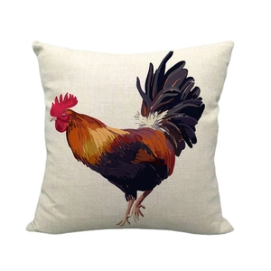 Housse de coussin carrée en lin avec illustration de coq vintage sur tissu crème