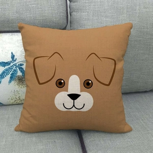 Fodera per cuscino in lino marrone con faccia di cane minimalista su divano grigio
