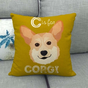 Detailed fabric texture of a ginger linen Corgi pillow cover on a grey sofa couch
