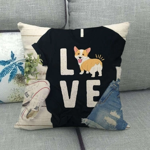 Close-up of a black cotton t-shirt featuring a cute Corgi dog graphic and LOVE print