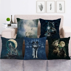 Mystical Wolf Pattern Linen Throw Pillow Covers Moon Forest Animal Print Decorative Cushion Cases For Sofa Home Decor