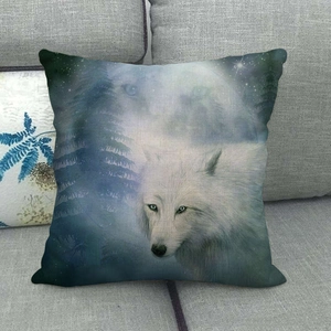 Square wolf pattern cushion cover 45x45cm with forest and moon art on a grey sofa