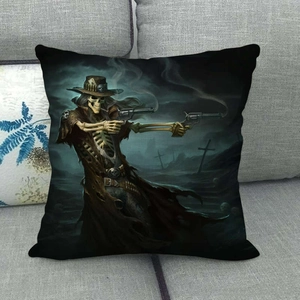 Gothic Skeleton Gunslinger Pillow Case on Gray Sofa, Dark Fantasy Home Decor Accessory