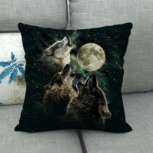 Three wolves howling at full moon square throw pillow cover on grey sofa decor