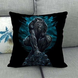 Detailed close-up of dark wolf and skull illustration on a soft square pillow cover