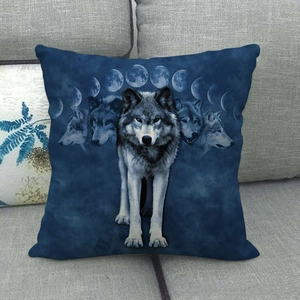Close-up of wolf and moon phases pattern on durable fabric square cushion cover